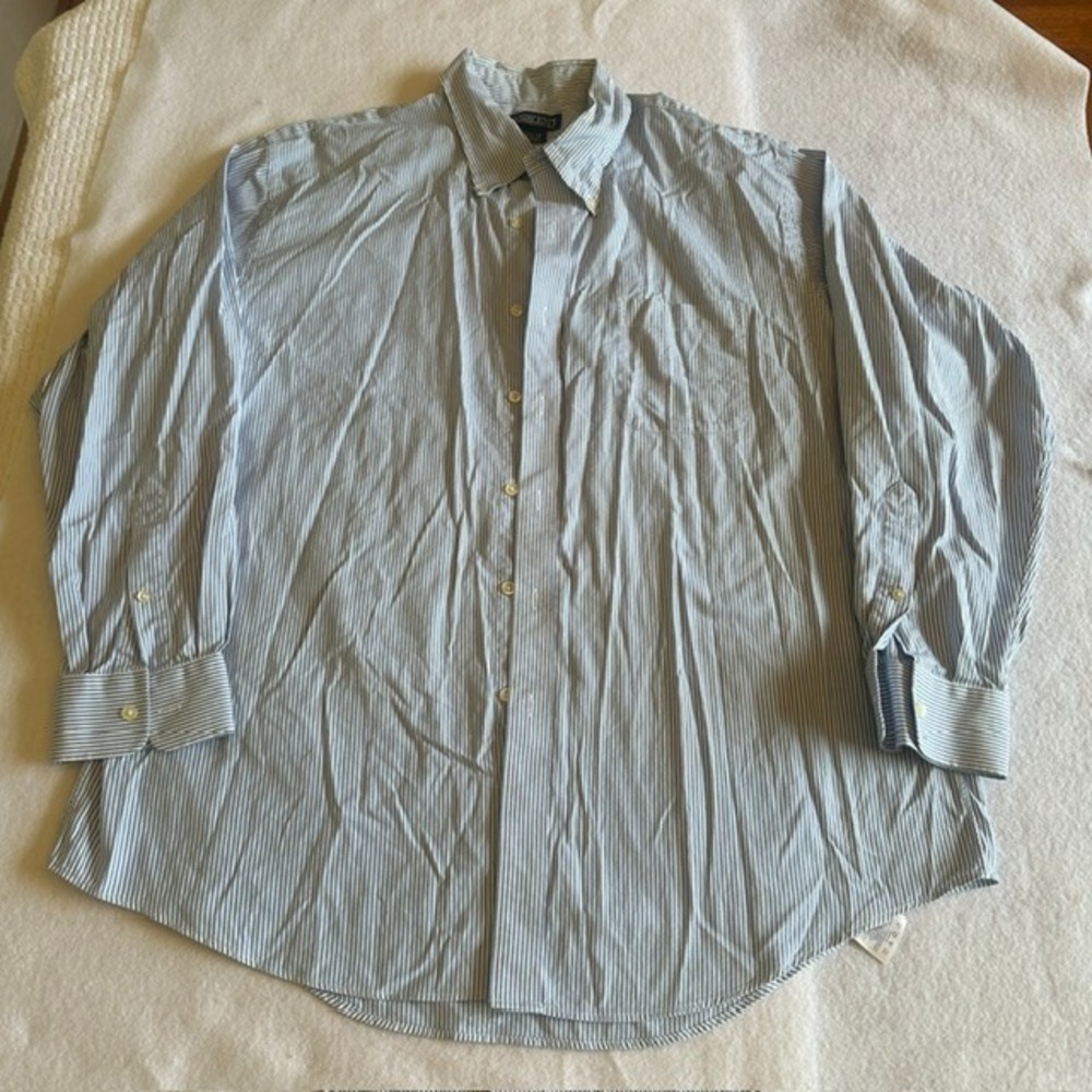 Lands End Striped Dress Shirt Mens Blue White 17.5 34 Button Down Office VTG